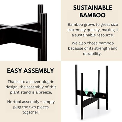 Fox & Fern Bamboo Plant Stand — 14.9 Inch Fixed Size Wooden Mid Century Planter Stand for Indoor Planters (Not Included); Extra Large Flower Pot Holder for Indoor Big Pots; Plug In Design; Dark Bamboo