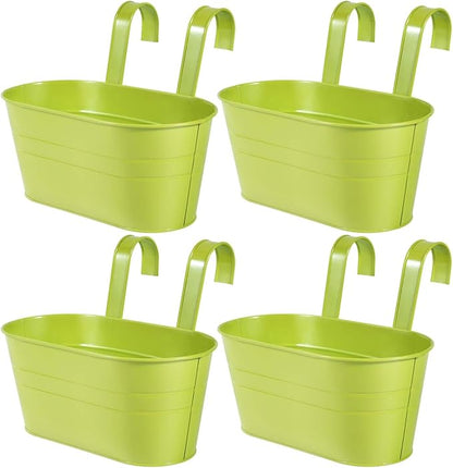 OBTANIM 4 Pack Metal Hanging Flower Pots Iron Railing Planter Outdoor Fence Hanging Pots Bucket Plant Holder with Detachable Hooks Drain Holes for Home Garden Yard Decor (Green)