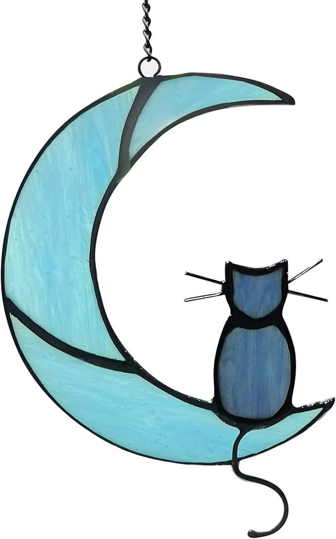 ZUAJITER Black Cat On Blue Moon Stained Glass Cat Hanging Ornament