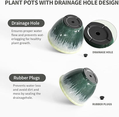 Flower Pots, 8 Inch Plastic Plant Pots for Plants, Set of 4 Planter for Indoor Outdoor Plants with Drainage Hole, Sleek Small Nursery Planting Pot for Home Garden Outdoor Planters(Green Glaze)