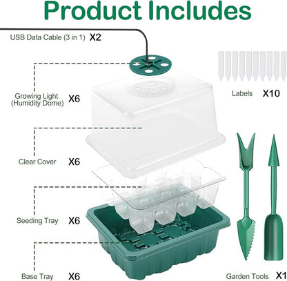 Seed Starter Tray with Light, 6PCS Seed Starter Kit with Grow Light, Seedling Starter Trays with Humidity Domes, Covers Height 3.9", Indoor Gardening Plant Germination Trays (12 Cells per Tray)