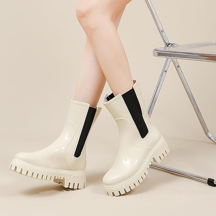 Women'S Waterproof Lug Sole Rain Boots Fashion Elastic Slip On Comfortable Platform Chunky Heel Chelsea Ankle Boots Casual Outdoor Non-Slip Rubber Garden Booties