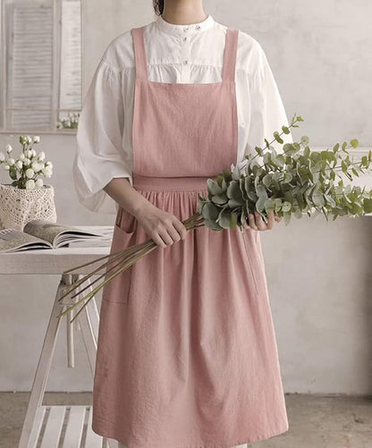 Cute Retro Cotton Linen X-Back Aprons Home Kitchen Garden Art Painting Pinafore Florist Shop Overalls