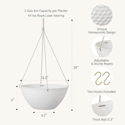 LA JOLIE MUSE Hanging Planters for Outdoor Plants, Large Hanging Planter with Drain Holes, Outdoor Hanging Flower Pots, White Stone, Honeycomb (13.2 Inch, Set of 2)