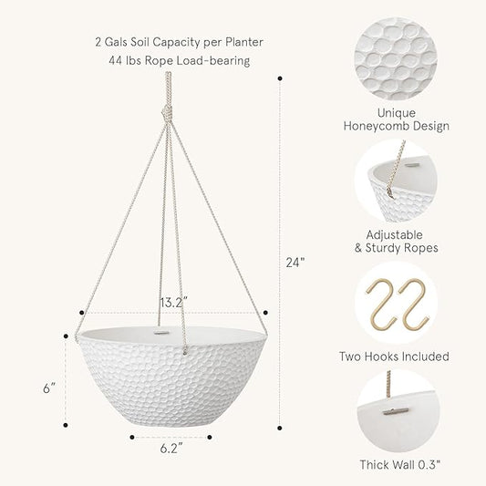 LA JOLIE MUSE Hanging Planters for Outdoor Plants, Large Hanging Planter with Drain Holes, Outdoor Hanging Flower Pots, White Stone, Honeycomb (13.2 Inch, Set of 2)