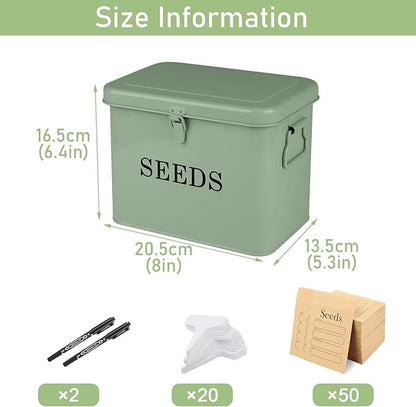 3 Dividers Seed Storage Box, Metal Seed Box Seed Storage Organizer with Safety Lock, Portable Garden Seed Bin, Professional All-in-one Kit, Green