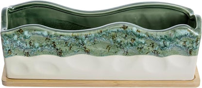 MyGift 13 Inch Large Rectangular Succulent Planter, Decorative Seafoam Green Glazed Beige Ceramic Indoor Plant Container Pot with Removable Bamboo Tray
