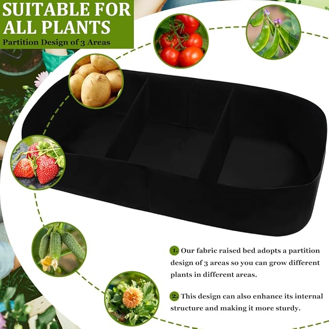 Fabric Raised Garden Bed, 128 Gallon 3 Grids Rectangle Garden Grow Bags, 3x6 FT Breathable Planter Raised Beds for Growing Vegetables Flowers Herb, Raised Planters for Outdoor Plants
