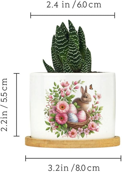 Vintage Easter Bunny with Pink Flower Ceramic Planters Ceramic Pots With Saucers Orchid Pots for Plants Succulents Pots Office Desk Garden Balconys New Home Decor,Gifts for Mom Mother Grandmother