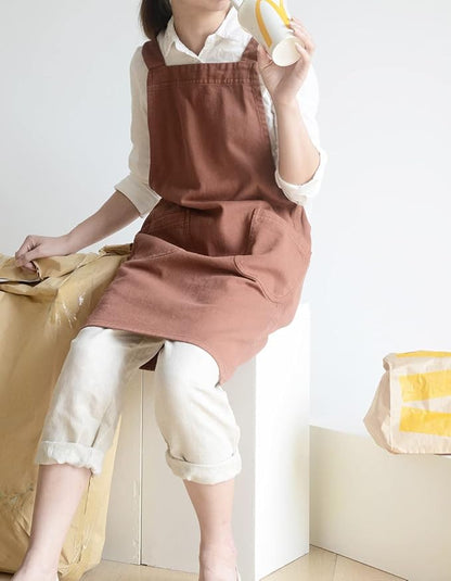 Soft Cotton Linen Apron for Women - Non-tie Cross Back Apron with Pockets, Great for Florist and Kitchen