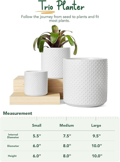 LE TAUCI Ceramic Pots for Plants, 10/8/6 Inch Indoor Planters with Draiange Hole, Silicone Plug & Mesh Pad, Modern Rasied-Dots Pots for Home Office, Set of 3, Satin, White