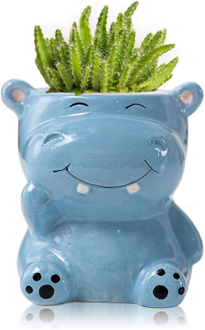 DIYOMR Cute Animals Planter, Mini Ceramic Cartoon Animal Shaped Succulent Flower Pot Indoor Air Plants Holder, Smooth Shiny Decorative Flower Cactus Planter - Plants Not Included (Hippo)