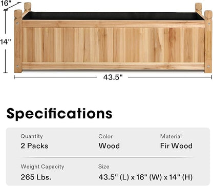 VIVOSUN 3.6 x 1.3Ft Wooden Raised Garden Bed, 43.5 x 16 x 14 Inches, Outdoor Wood Planter Box with Screwdriver and a Liner for Garden, Patio, Balcony, Backyard and Outdoors, 2Pcs