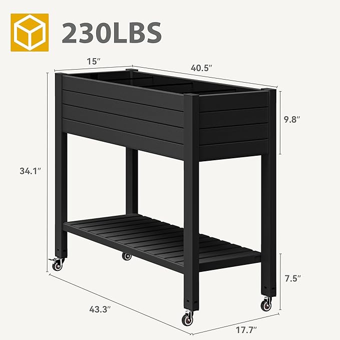 DWVO Raised Garden Bed Kit, 3.6 x 1.5 x 2.8 FT Outdoor Plastic Planter Box with Wheels and Legs, Garden Box with Drain Plug & Storage Shelf for Planting Vegetables, Flowers, and Herbs, Black