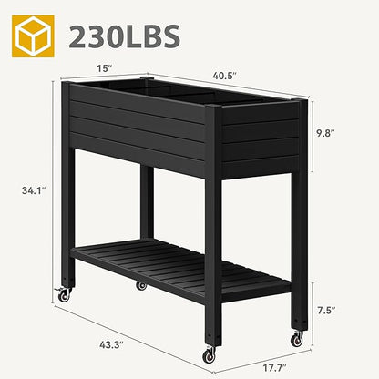 DWVO Raised Garden Bed Kit, 3.6 x 1.5 x 2.8 FT Outdoor Plastic Planter Box with Wheels and Legs, Garden Box with Drain Plug & Storage Shelf for Planting Vegetables, Flowers, and Herbs, Black