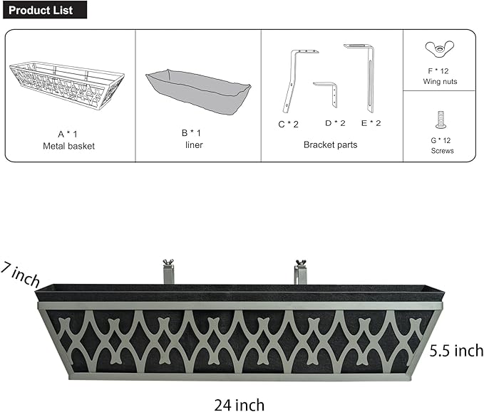 4 Pack 24 Inch Window Boxes Planters Railing Planter Box with Adjustable Brackets & Non-Woven Fabric Plant Grow Bags Deck Railing Planter Boxes Balcony Hanging Flower Box for Outdoor Plants