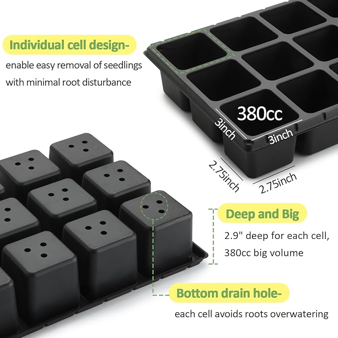 10 Pack 3 Inch Square Pots 2.9" Deep 18 Big Cell Seedling Trays with 10 Pack Water Collection Nursery 1020 Trays No Holes for Seeds Starting and Transplanting (20"x10",10 Sets)