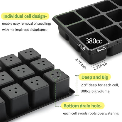 10 Pack 3 Inch Square Pots 2.9" Deep 18 Big Cell Seedling Trays with 10 Pack Water Collection Nursery 1020 Trays No Holes for Seeds Starting and Transplanting (20"x10",10 Sets)