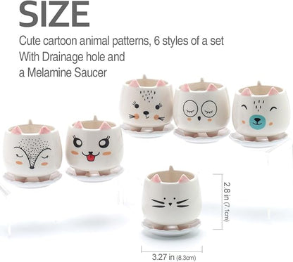 B SEPOR 6Pack 3.4inch Small Ceramic Animal Planter Pots for Baby Succulent with Drainage and Bamboo Tray Window Sill Gift for Girl(Sitting Cats)