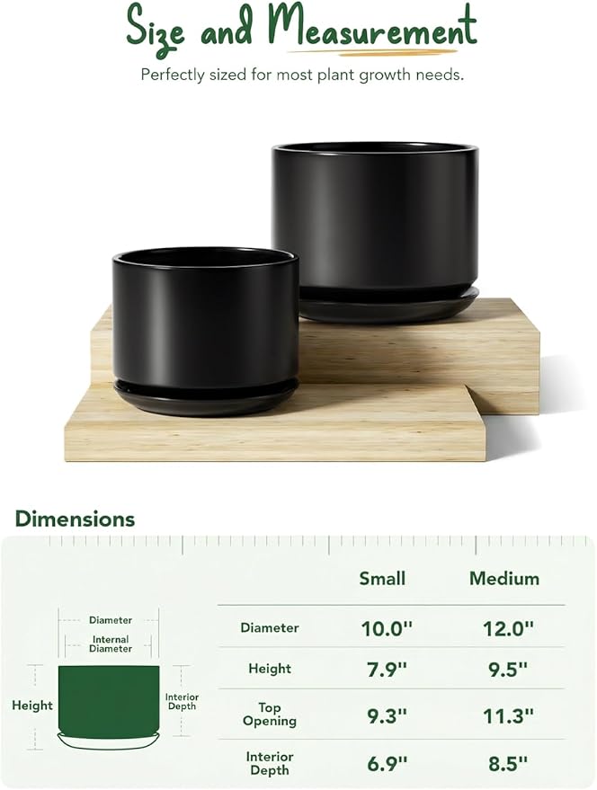 LE TAUCI Ceramic Pots for Plants, Set of 2, 10 + 12 Inch Plant Pot with Drainage Hole and Saucer, Durable & Stylish Planters for Indoor Plants, Elevate Your Home’s Aesthetic, Black