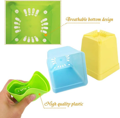 24Pack 3 Inch Plastic Plant Pots,Square Seedling Nursery Pots Succulent Flower Planter Container with Saucers for Garden,Room,Office,Balcony Decor,Multicolor