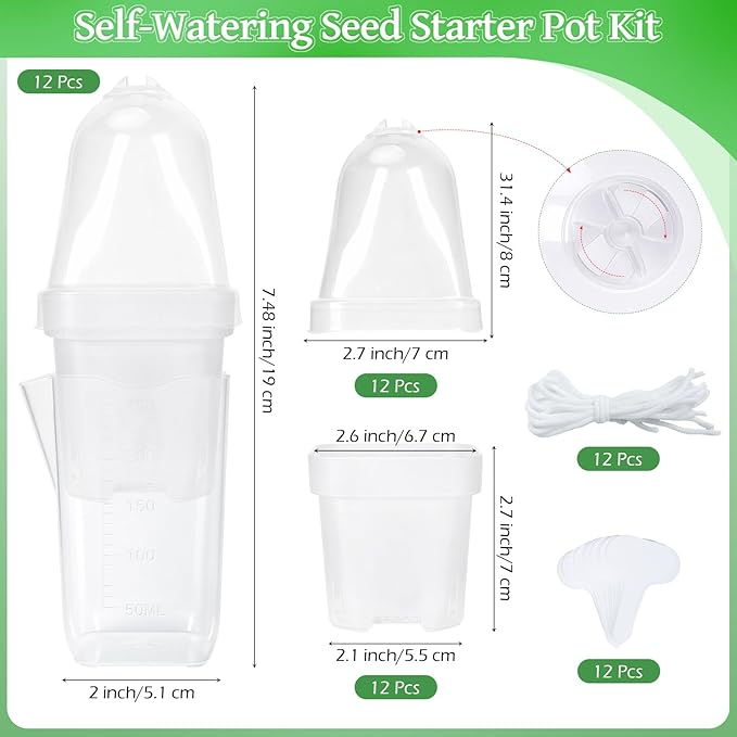12 Pack 2.5" Self Watering Propagation Pots with Humidity Dome, Clear Plastic Seed Starter Cups, for Seedlings, Cuttings, Succulents, Herbs, Vegetables, 12 Plant Labels Included