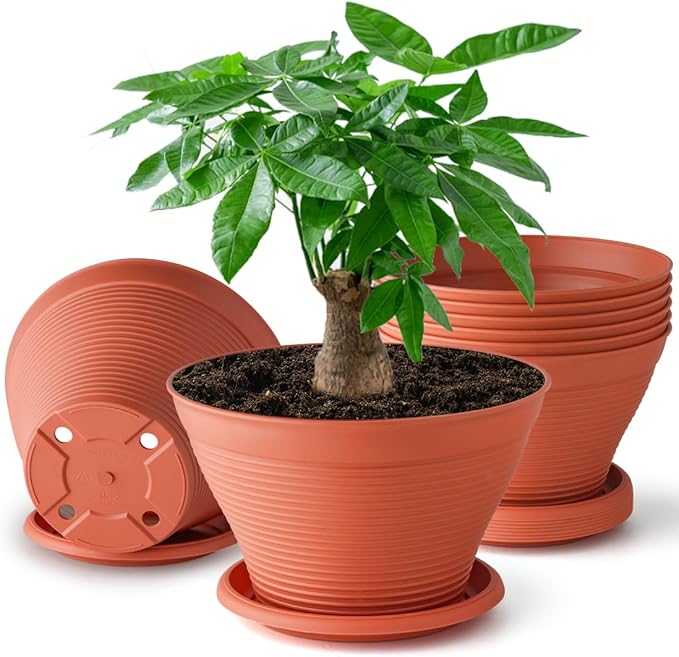 8 Pack 8 Inch Plant Pots with Saucers, Plastic Flower Pots with Drainage Holes, Large Planters for Indoor Outdoor Garden, House Plants, Flowers, Herbs, Gardening Gifts, Pottery Red