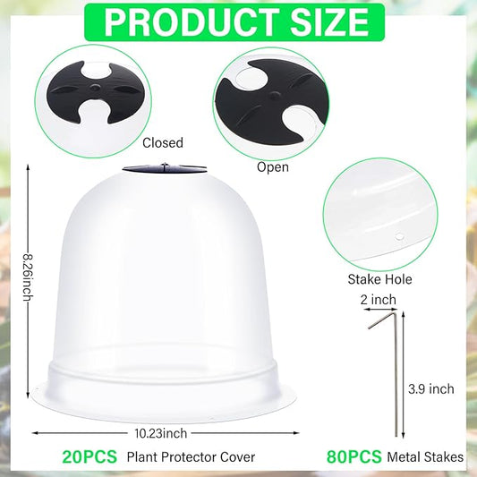 Zopeal 20 Pcs Large Garden Cloche Humidity Plant Dome 10.24" Dia x 8.27" H Reusable Thick Garden Plant Protector Covers Clear Plastic Dome Mini Greenhouses with 80 Securing Pegs for Outdoor Seed