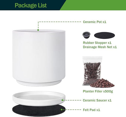 Kazeila Plant Pots Ceramic Planter for Indoor Outdoor Plants Flowers 10 Inch Matte White Large Cylinder Flower Pot with Saucer and Drainage Hole,Glazed Finish Interior and Exterior
