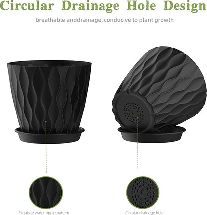 6 Inch Plant Pots, 6 Pack Indoor Flower Pots, Planters with Drainage Holes and Trays for Orchids, Violets, Succulents, Herbs, and Other Plants, Black