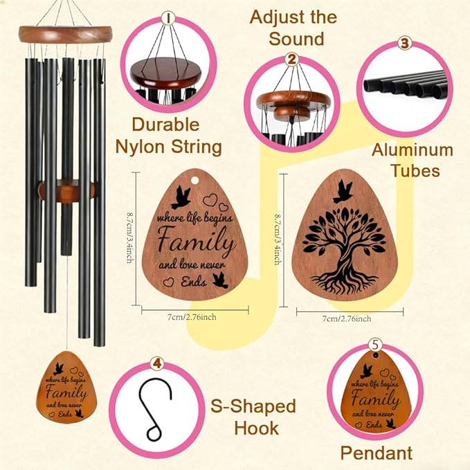 Family Wind Chimes for Outside, Outdoor Family Windchimes with Engraved Tree of Life, Premium Tuned Metal Chimes, Unique Wedding and House Warming Gifts for Outdoor Home Decor