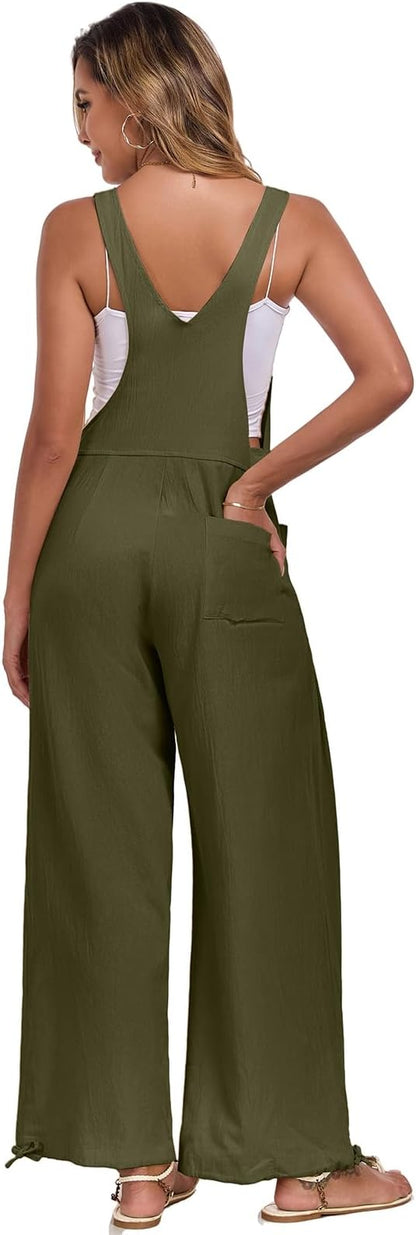 ALSOGO Womens Wide Leg Overalls Loose Beach Vacation Outfits Jumpsuits 2025 Causal Sleeveless Rompers with Pockets