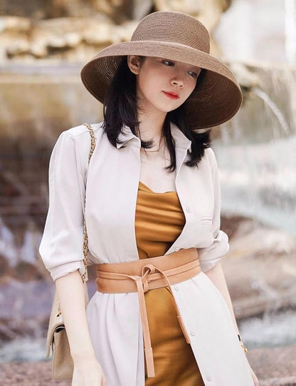 Wide-Brim Classic Elegant Style Foldable Straw Hat Women's Retro UV Resistant Sun Hats for Outdoor, Beach and Travel