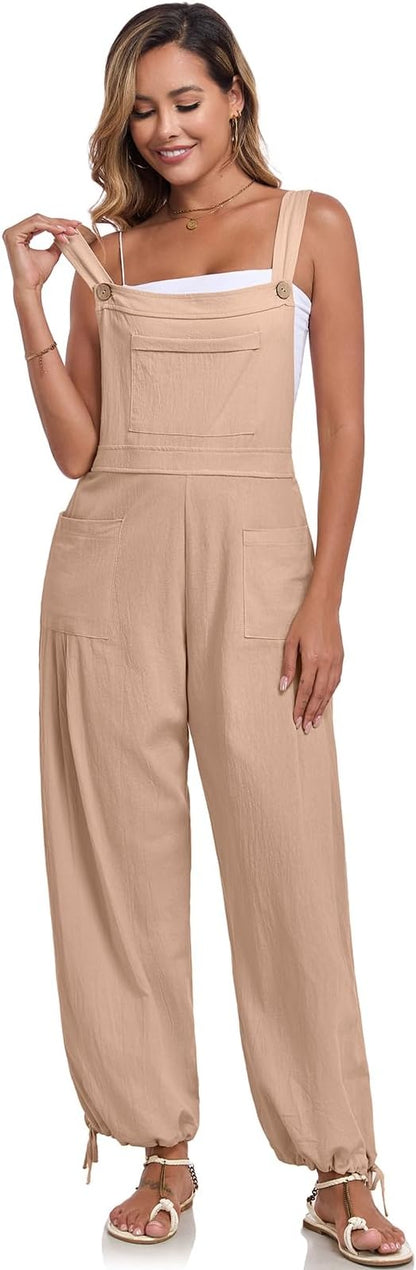 ALSOGO Womens Wide Leg Overalls Loose Beach Vacation Outfits Jumpsuits 2025 Causal Sleeveless Rompers with Pockets