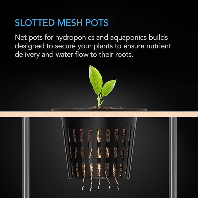 AC Infinity Net Cups 4-Inch, Heavy Duty Garden Slotted Net Pots with Wide Lip Rims, 25-Pack Black Bucket Basket for Indoor Outdoor Growing, Orchids, Aquaponics, Hydroponics