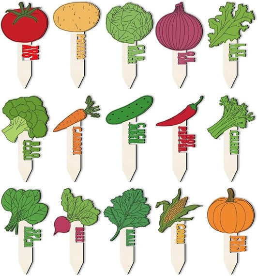arricraft 15 Pcs Hollowed Out Shaped Wooden Plant Tags, Colorful Vegetable Shape Waterproof Garden Stake Vegetable Marker for Indoor Outdoor Potted Plant Nursery Marker Decoration