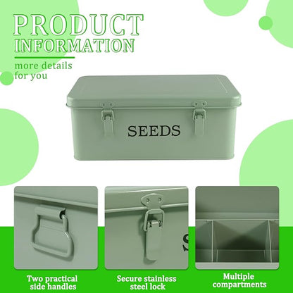 Seed Storage Organizer, 4 Compartment Metal Seed Saving Box with Lid and Safety Locks,Seeds Packet Container with 1 Pen, 12 Slots, 20 Plant Labels, 30 Seeds Envelopes,Perfect for Flower Plants Garden