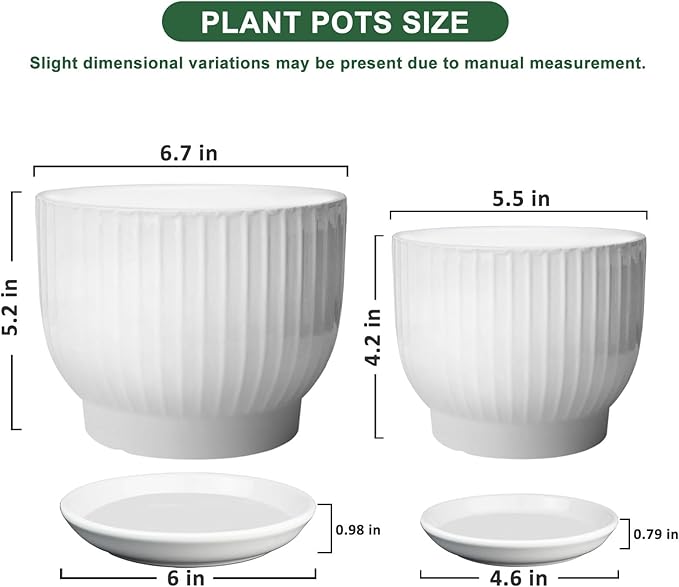 Ceramic Plant Pots,6.7 + 5.5 Inch,Ceramic Flower Pots,Planters with Drainage Hole and Saucer,Planters for Indoor Plants(Pure White)