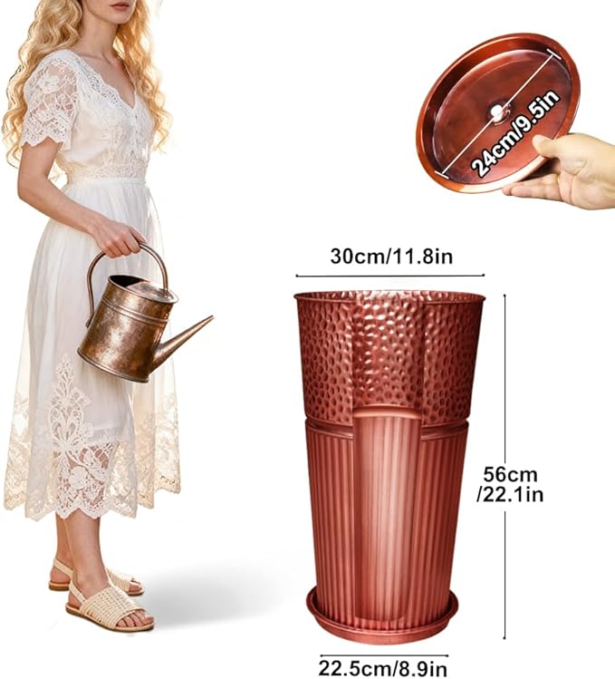 2 Pcs Pack Metal Tall Tapered Planter Pots Large Round Planter Flower Pot with Drainage Holes for Indoor Outdoor Deck Porch Garden Home Patio Front Door (Glossy Copper, Small)