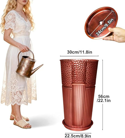 2 Pcs Pack Metal Tall Tapered Planter Pots Large Round Planter Flower Pot with Drainage Holes for Indoor Outdoor Deck Porch Garden Home Patio Front Door (Glossy Copper, Small)
