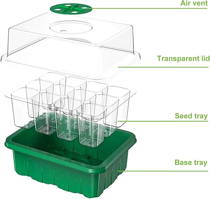 5-Pack Seed Starter Tray with Humidity Dome and Base, 12 Cells Per Tray (Total 60 Cells), Mini Propagator Plant Greenhouse Grow Kit with Garden Tools and Plant Labels for Seedlings