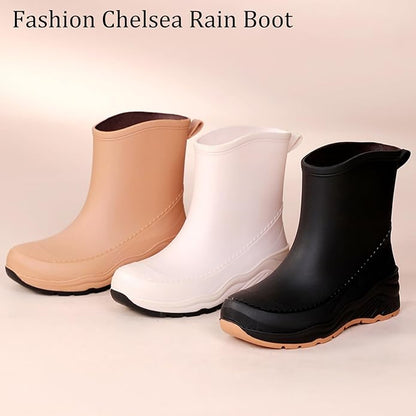 Women'S Chunky Platform Rain Ankle Boot Fashion Comfort Round Toe Waterproof Anti-Slip Thick Sole Pull On Garden Chelsea Rain Boots for Outdoor Work Booties