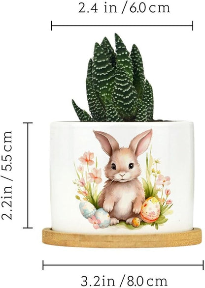 DreamAutumn Planters Ceramic Cute Easter Bunny Rabbit Ceramic Pots with Drainage Holes Round Flowerpot Bamboo Tray Plant Pots for Succuelnt and Little Snake Plants Pots for Nana Mommy Grandma