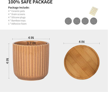 TAMAYKIM 4 Inch Cylinder Ceramic Boho Plant Pots with Drainage Hole and Saucer, Glazed Vertical Pattern Multicolor Flower Pots for Succulent, Snake Plant, Cactus & Herbs, Set of 4 (Plant Not Included)