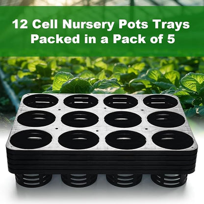 12 Cell Round Nursery Pots Tray, Plant Pot Shuttle Carry Holder and Trays for 4 inch Round Plastic Nursery Pots Flowerpot Carrier Transporting (16.75" 12.43", 2.1" Deep, 5-Pack)