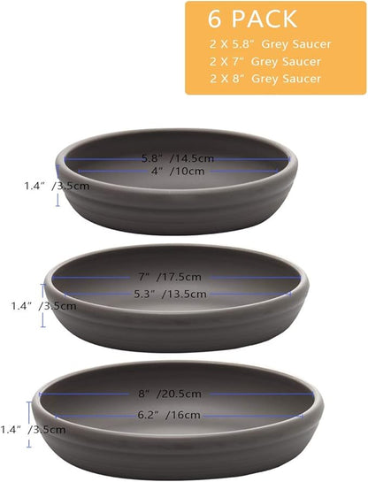 SAROSORA Round Plastic Plant Saucer Drip Tray 7" Set of 6 for Indoor Outdoor Home Garden Flower Plant Container Flower Pot Pallets ((5.8''+7"+8'') x2, Dark Grey)