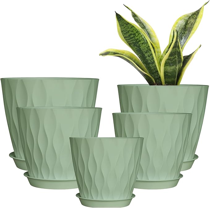 Plastic Flower Pots, 8/7/6/5/4 Inch Plant Pots with Drainage Holes, Plastic Planters for Indoor Outdoor Plants, 5 Pack Nursery Planting Pot for Garden Office Home Decor (Green, 8/7/6/5/4)