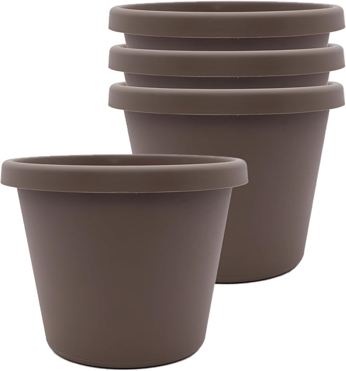 The HC Companies 6 Inch Prima Round Planter Pots with Drainage Holes and Rolled Rim, Lightweight UV-Resistant Plastic Indoor & Outdoor Planters, 4-Pack Flower Pots for Garden & Home Decor, Cappuccino