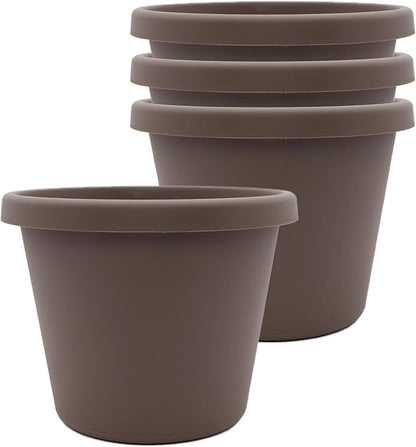 The HC Companies 6 Inch Prima Round Planter Pots with Drainage Holes and Rolled Rim, Lightweight UV-Resistant Plastic Indoor & Outdoor Planters, 4-Pack Flower Pots for Garden & Home Decor, Cappuccino