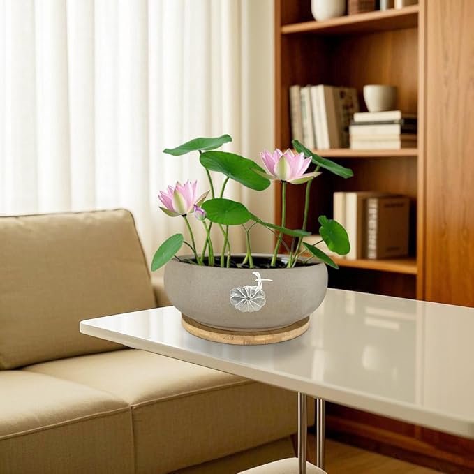MUZHI Round Ceramic Hydroponic Bowl Lotus Planter Pot with Bamboo Tray, Classic Pottery Water Lily Bowl Planter Container Inlaid Dragonfly and Lotus Leaf Decor 7.3"